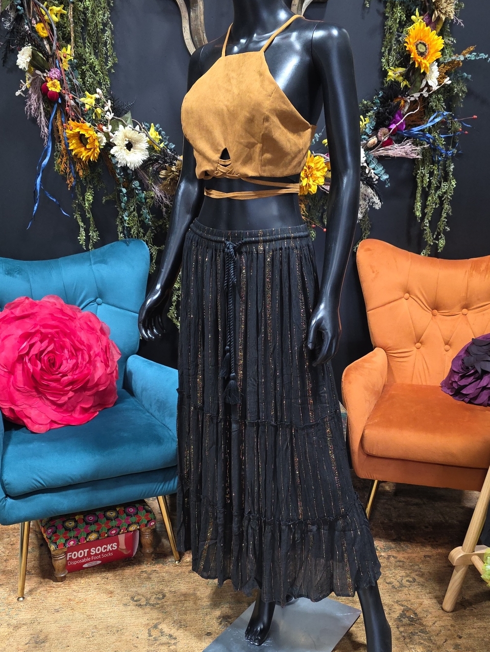 Boho Black Tiered Maxi Skirt with Subtle Metallic Thread